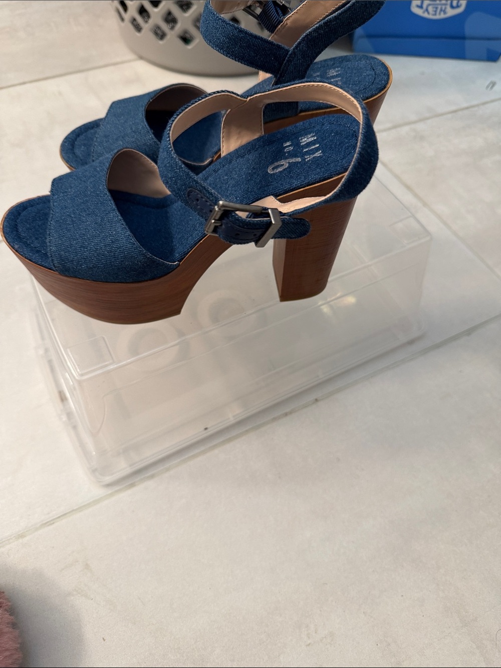 Mix No. 6 Denim Blue Platform Sandal with Wood-Look Block Heel